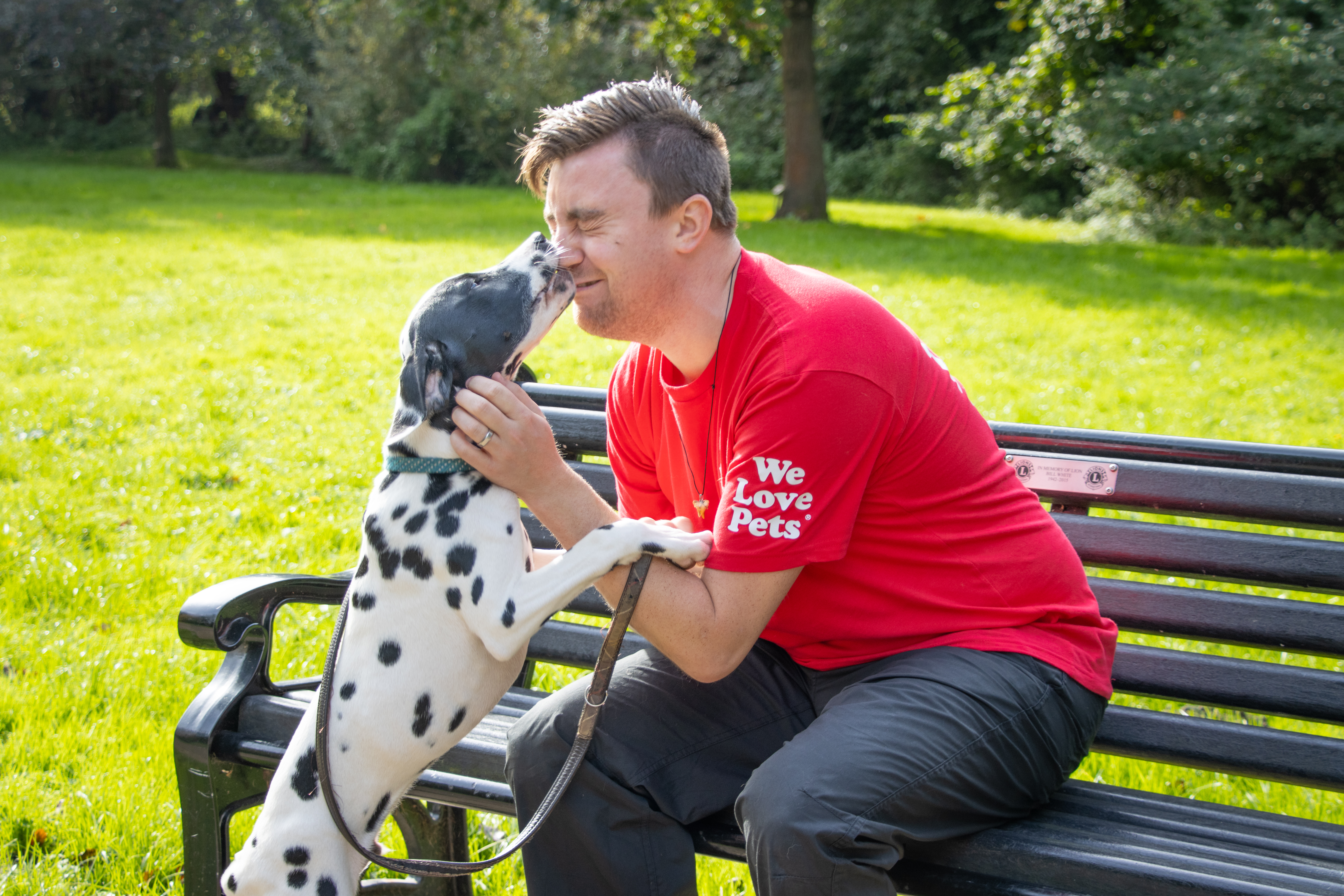 Franchisee sitting on a park bench with a dalmatian dog
