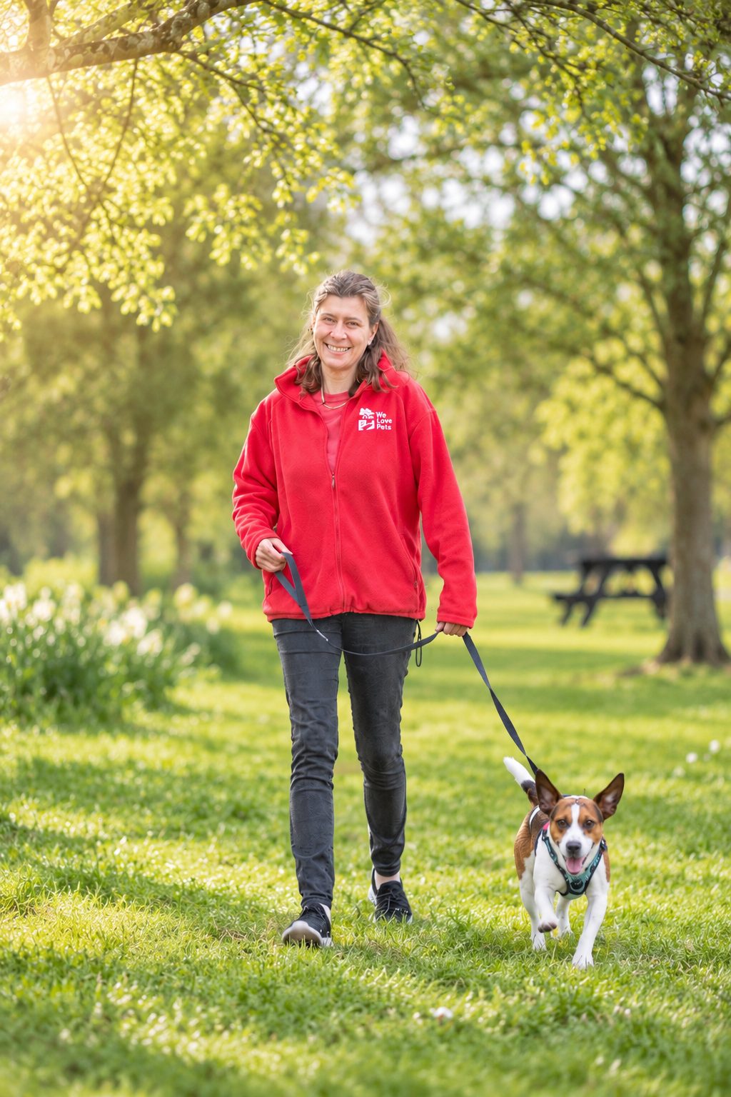 Jo, a We Love Pets franchisee, walking a dog in the park