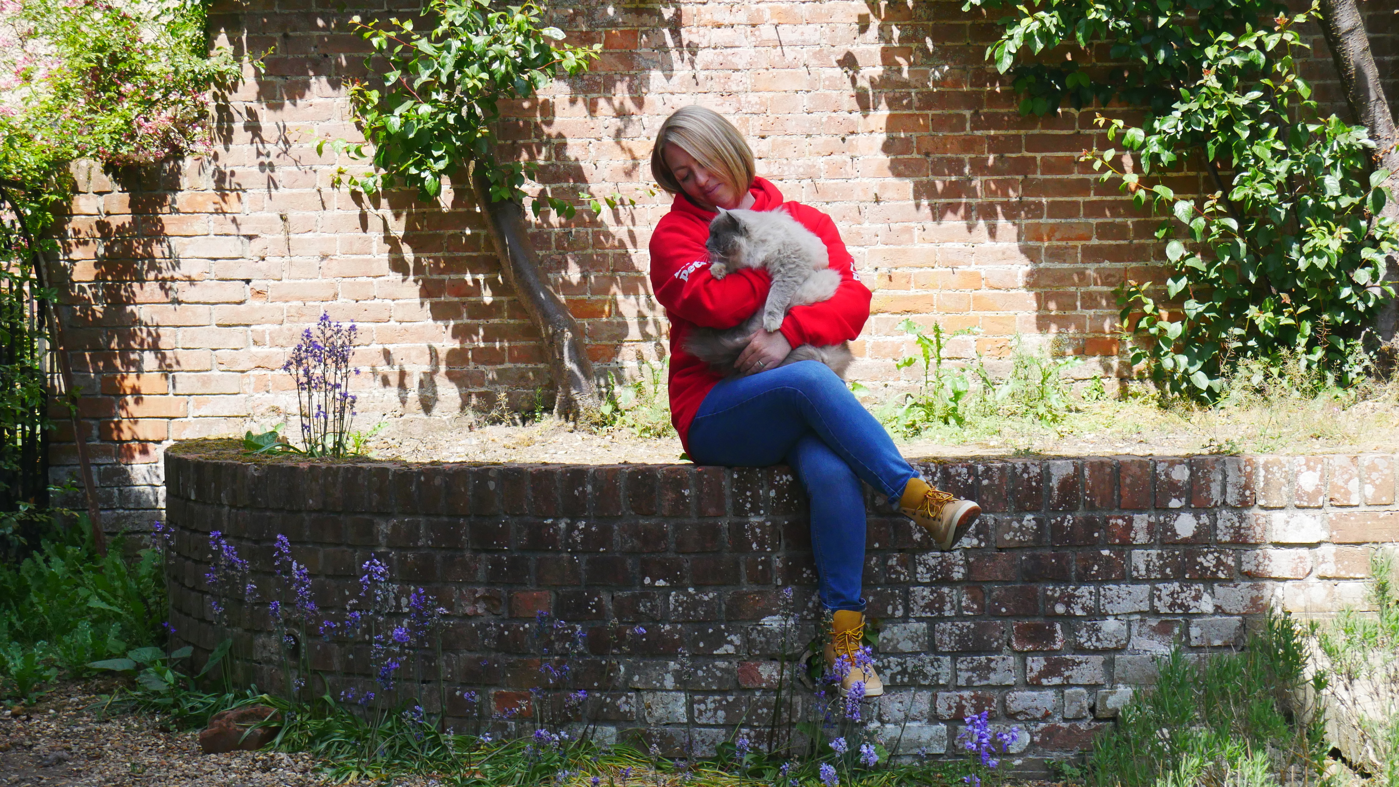 Gemma of We Love Pets Colchester sitting on a garden wall holding a grey cat